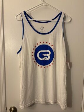 Cyclebar White Tank with Blue Trim and Red Stars